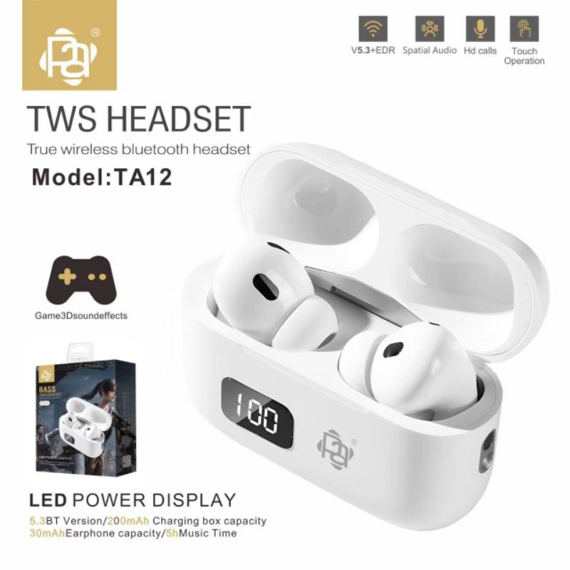 HEADSET BLUETOOTH PAPADA TA12 . HENSET WIRELESS TWS HANDSFREE EARPHONE HANDSET