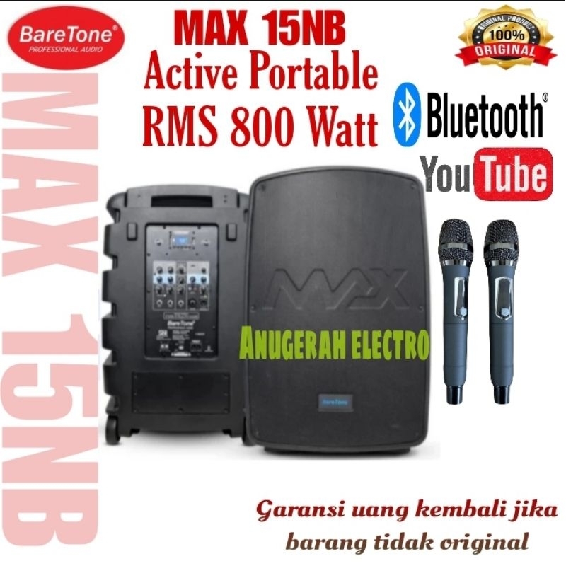 BARETONE MAX 15NB SPEAKER PORTABLE 15 INCH RMS 800 WATT USB BLUETOTH ORIGINAL BARETONE
