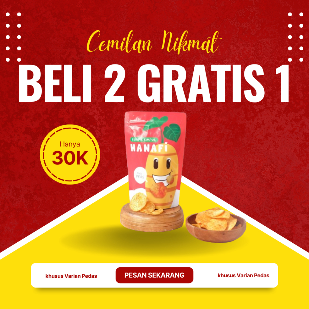 

Promo Beli 2 Gratis 1 Keripik Kimpul Talas Belitung rasa Pedas