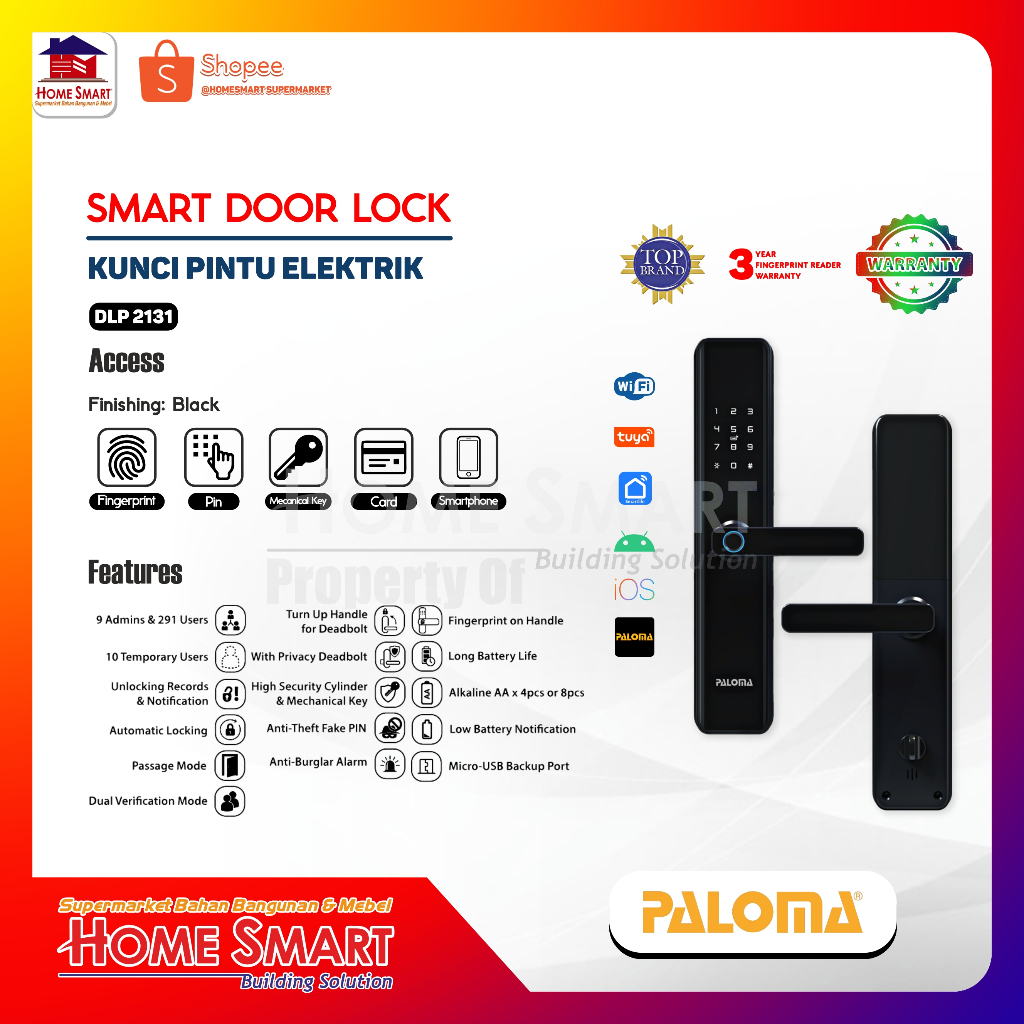 PALOMA Smart Digital DLP 2131 KUNCI PINTU DIGITAL WIFI BLACK HITAM