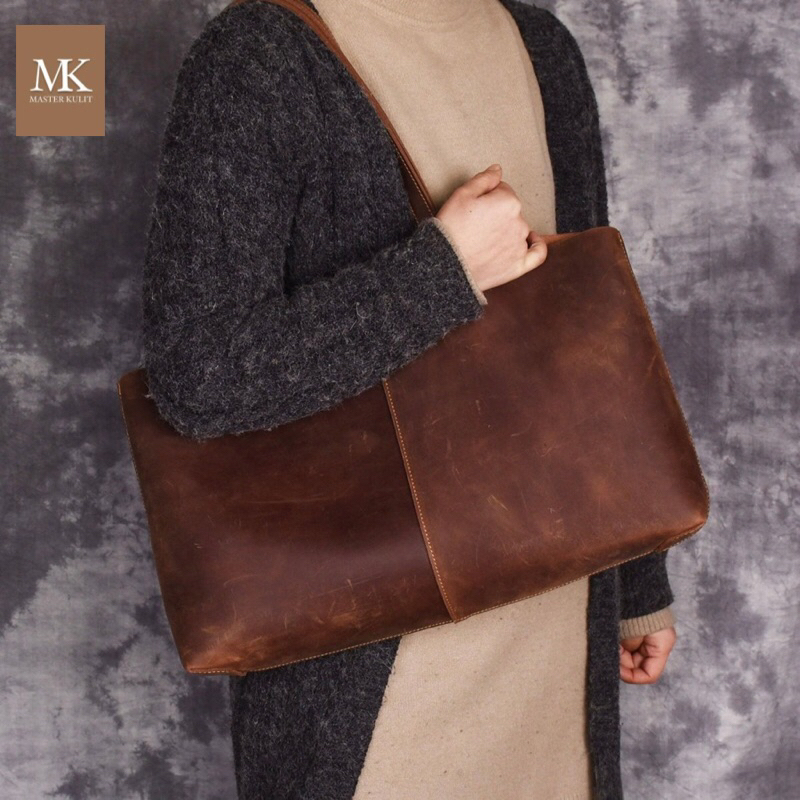 Tote Bag Kulit Asli Wanita Vintage Crezy Horse Tas Jinjing Kulit Mk.039