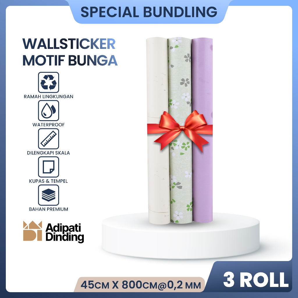 BUNDLE  PAKET 3 ROLL/PCS WALLPAPER DINDING MOTIF BUNGA ALL VARIANT UKURAN PER ROLL 45CM X 7,5-8,5 ME