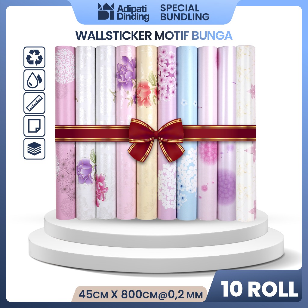 BUNDLE  PAKET 10 ROLL/PCS WALLPAPER DINDING MOTIF BUNGA ALL VARIANT UKURAN PER ROLL 45CM X 7,5-8,5 M