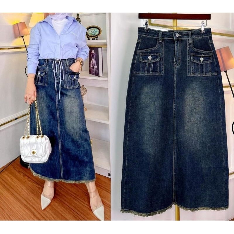 Viora rok jeans bangkok saku depan kombinasi kain merah kuning import