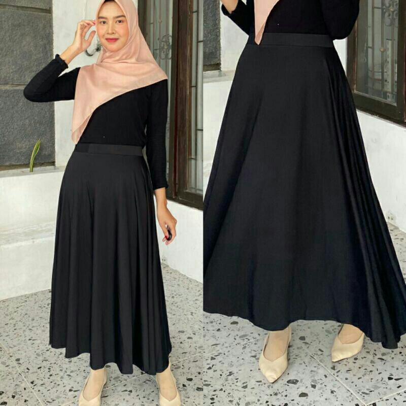 ROK PANJANG HITAM FLARE SKIRT BAHAN JERSEY PREMIUM WARNA BLACK POLOS BASIC FORMAL KERJA KULIAH KANTO