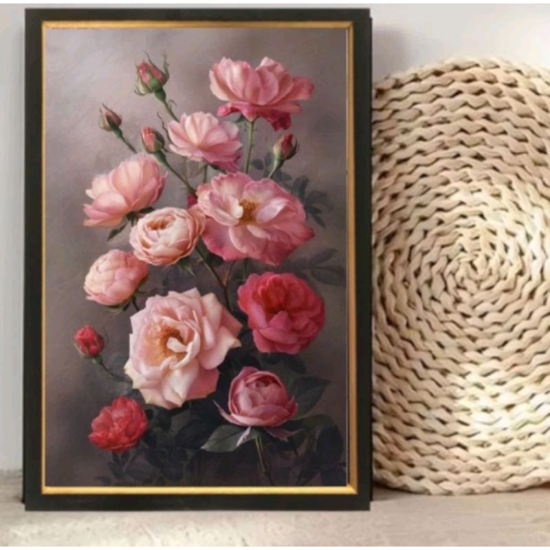 Hiasan dinding cetak gambar plus bingkai bunga peony pink ukuran 35*52