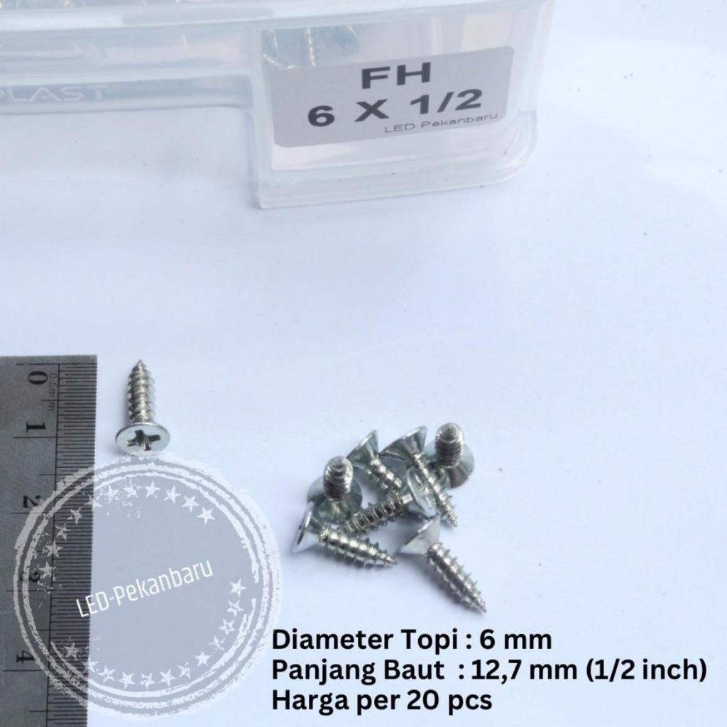 20PCS FH 6X1/2 INCH SEKRUP TAPPING SCREW BAUT SKRUP + DIAMETER TOPI DATAR / FLAT 6MM PANJANG 12,7MM 