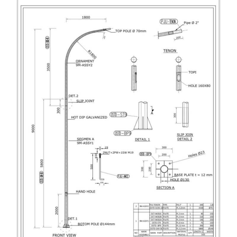 Tiang Lampu Oktagonal PJU single arm tiang lampu taman tiang lampu jalanan Galvanish Galvanized 7 m 