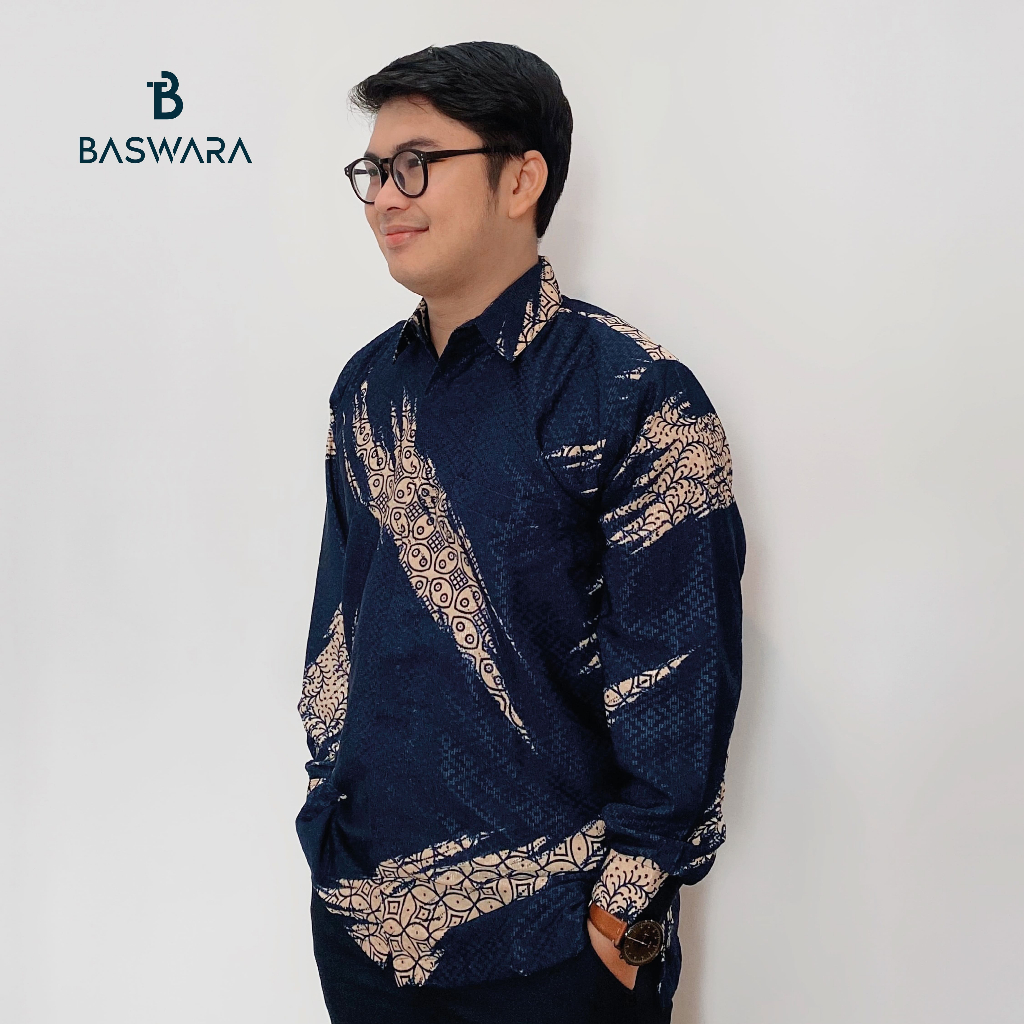 Baswara Kemeja Batik DOBBY Premium Lengan Panjang Biru Dongker Cream A71
