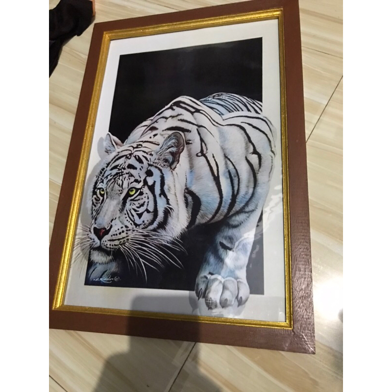 hiasan dinding poster harimau putih 3D plus bingkai