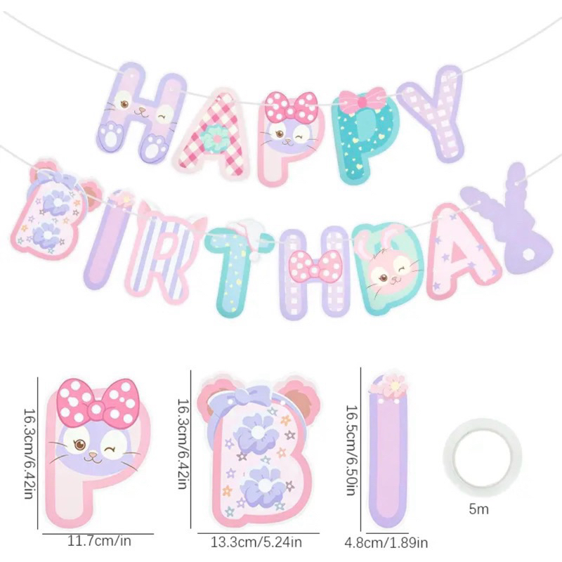 Banner happy birthday karakter disney stella lou linabel / bunting flag baner kelinci kucing kartun 