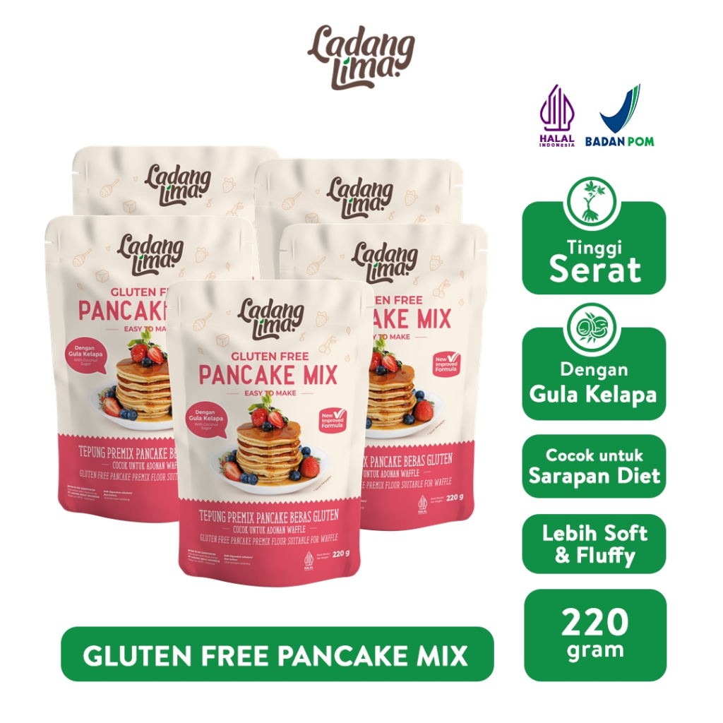 

5 pcs - Tepung Pancake 220g Gluten Free Ladang Lima [Premix Instan Pancake Waffle Original]