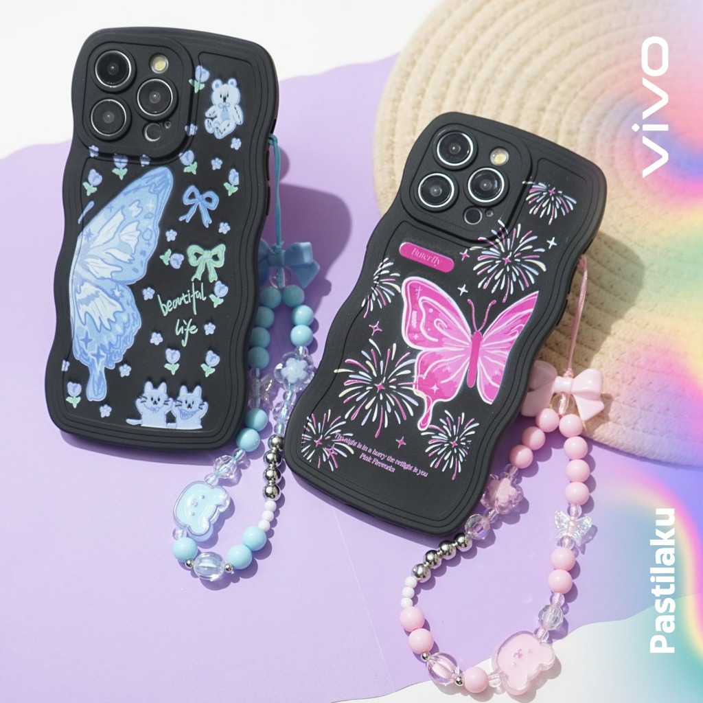 CASE GELOMBANG HITAM + GANTUNGAN STRAP VIVO Y22 Y91/Y95 Y91C Y12/Y17 Y75 5G V23 5G V20 V23E Y51 2020