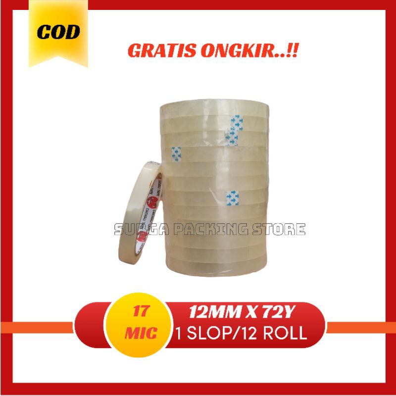 

Lakban bening 12mm | Isolasi bening 12 x 72yard | 1 slop isi 12 pcs | Lakban murah berkualitas