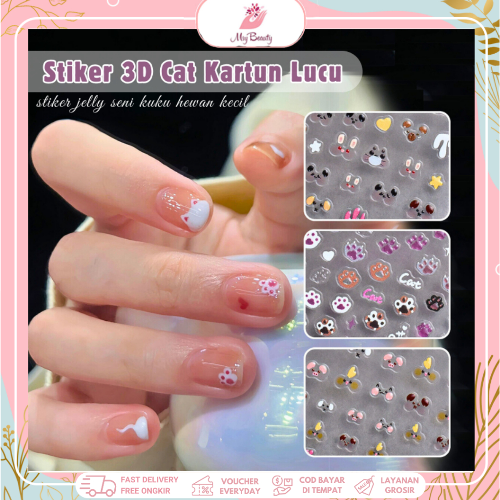MSY Stiker Kuku 3D Motif Hewan Kartun Lucu/Stiker Jelly Nail Art Relief Cat Claw Gaya Jepang/Kucing/