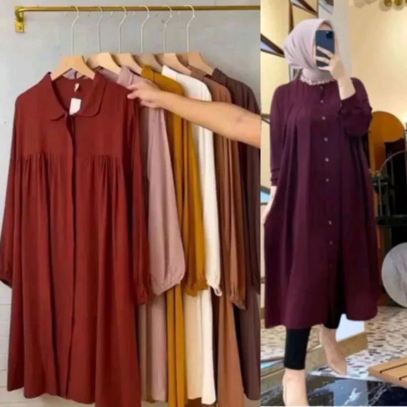 BAJU LONGDRESS TUNIK SINTA POLOS RUFFLE DEPAN BY ORTEGA JUMBO LENGAN PANJANG FULL KANCING AKTIF