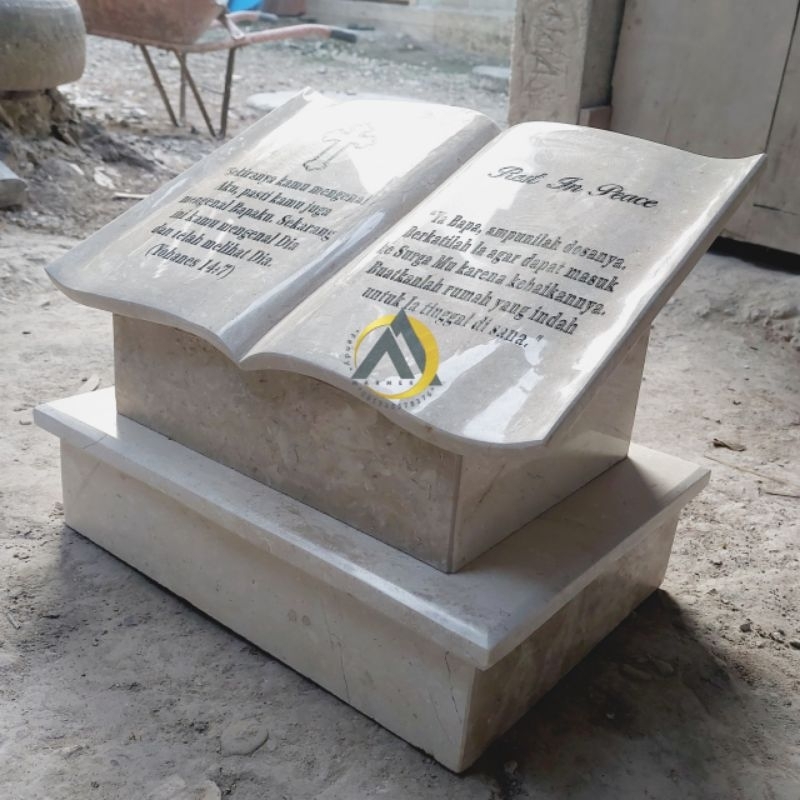 Maesan kotak pondasi nisan model buku kitab premium batu marmer putih kilap glossy