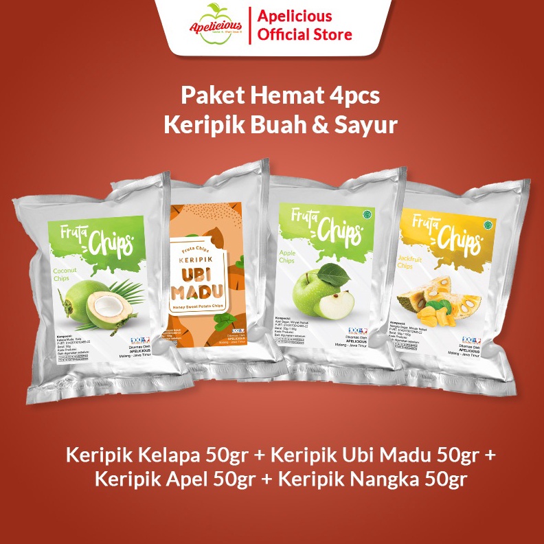 

PRODUK TREND APELICIOUS Paket HEMAT Keripik 4pcs NANGKA APEL KELAPA UBI MADU