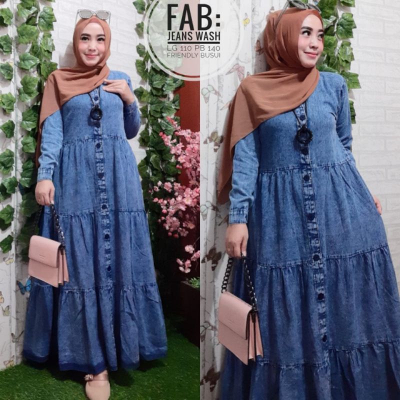 Lv - Amara Maxy Gamis Jeans Wash Premium Baju Gamis Wanita Jumbo Ld 100 - 120 cm / Gamis Susun Wanit