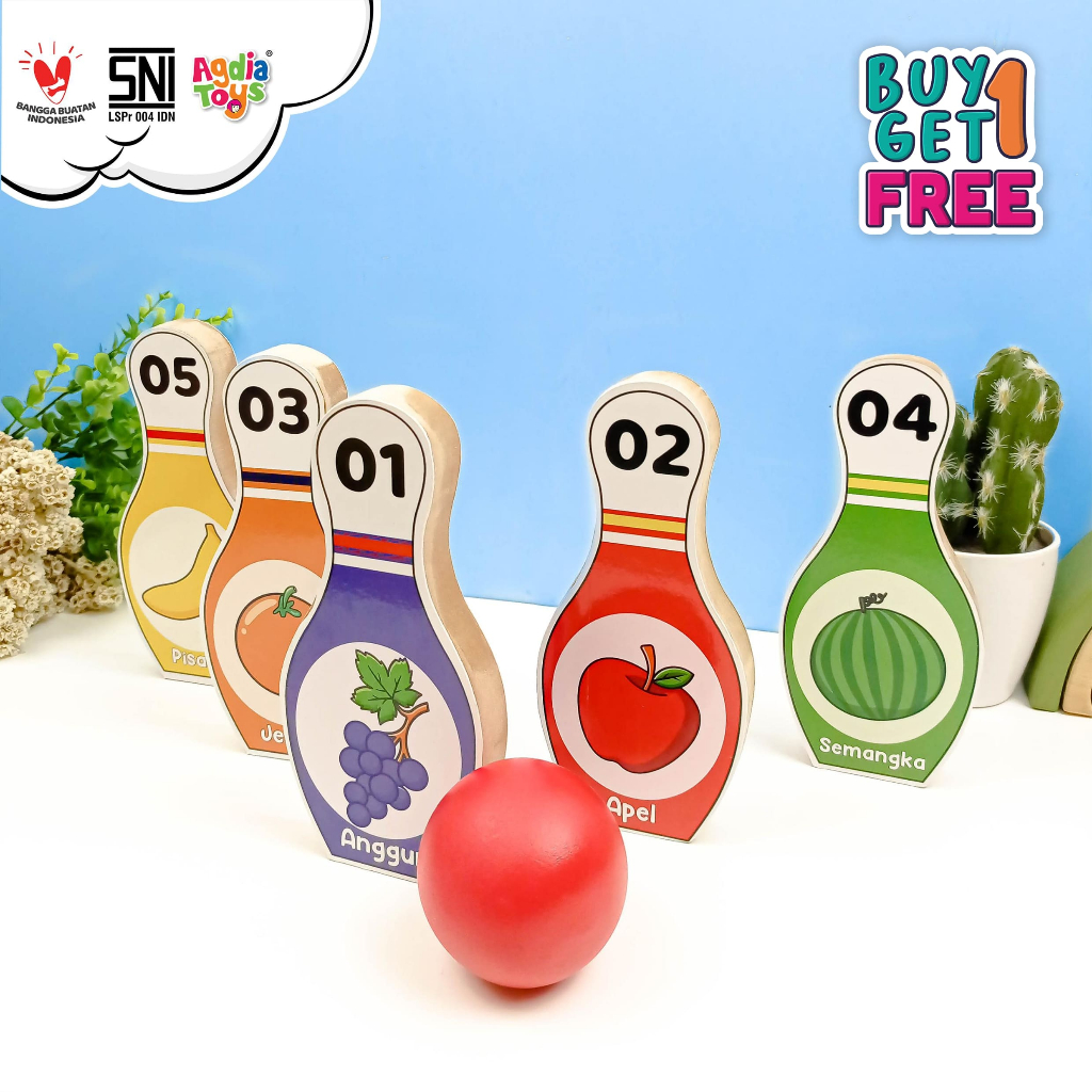 BUY 1 GET 1 | FREE 1 Puzzle Anak /Mainan Kayu Edukasi/ Bowling Buah / Agdia Toys / 25x9x10,5 cm / Is