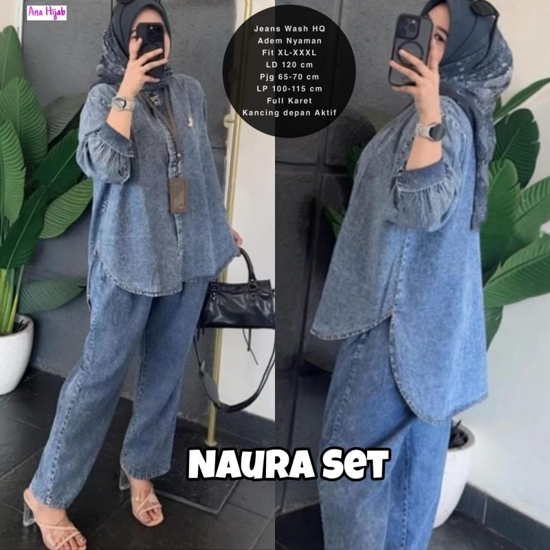 SETELAN BLOUSE WANITA JUMBO/ONESET BLOUSE WANITA JEANS WASH HQ JUMBO LD 120 CM FIT XXXL/NAURA