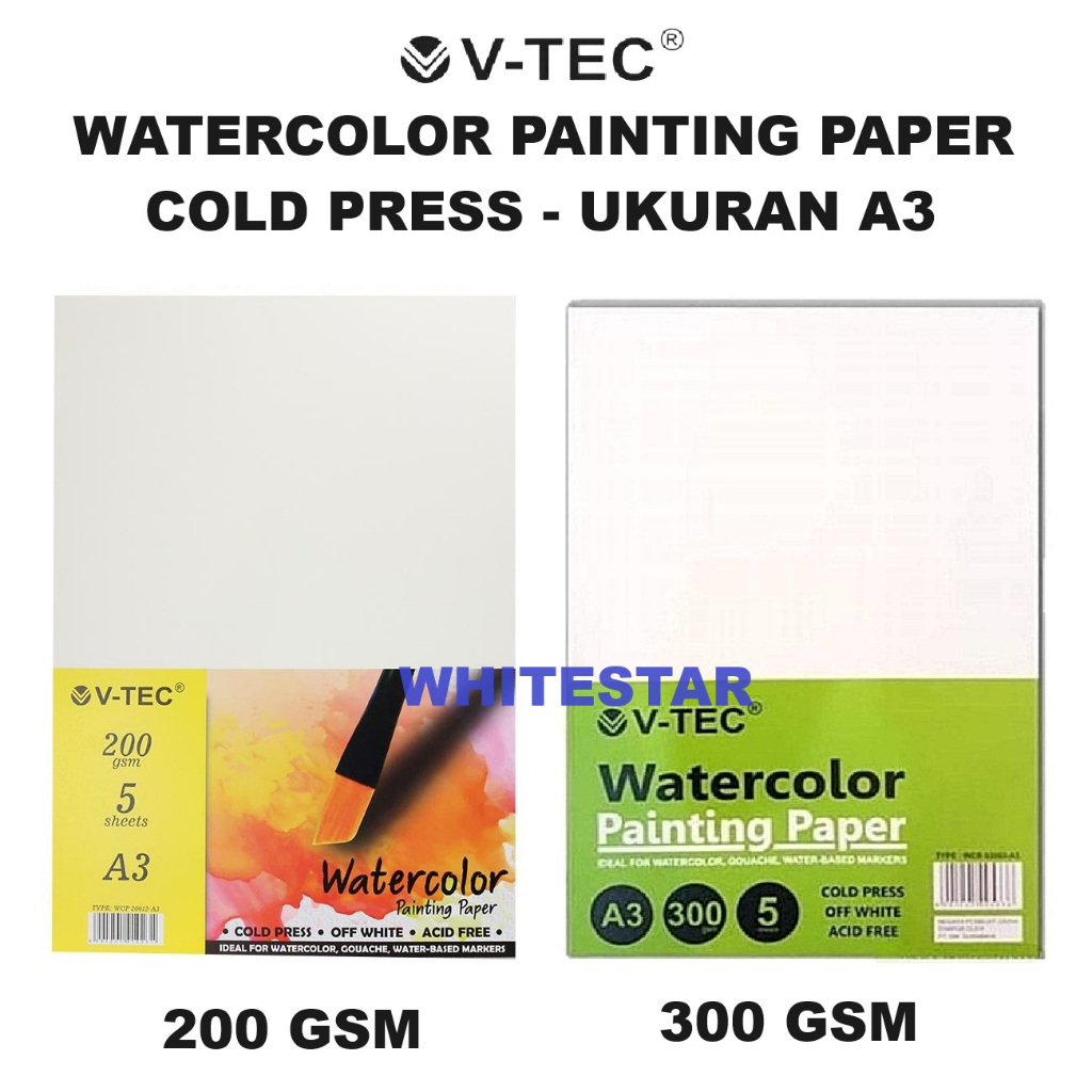 kertas watercolor painting paper v-tec 200gsm / 300gsm cold press - ukuran A3