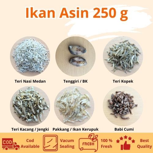 

Ikan asin serba 250 g / ikan asin murah / teri medan / ebi / cumi asin / baby cumi / ikan kering