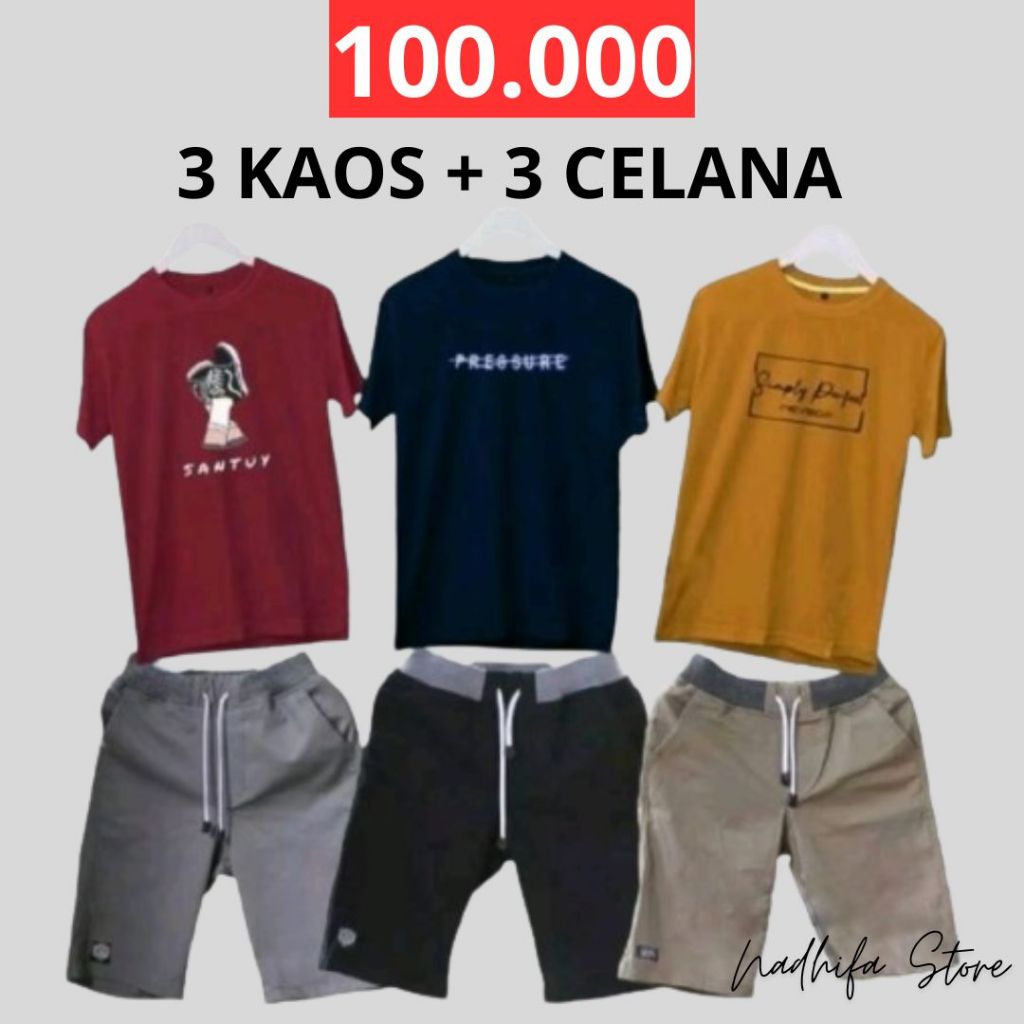 Baju pria dan celana 100 ribu dapat 3 pasang wanita cowok cewek murah kaos lengan pendek