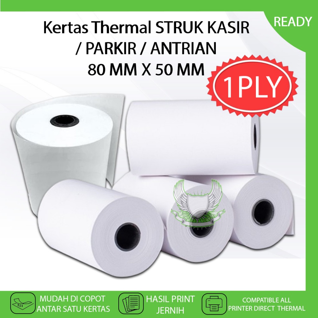 

Kertas Thermal Nota Struk Toko Kasir 80 MM X 50 MM 1 PLY HVS Print Kwitansi Bon Belanja Parkir Antrian