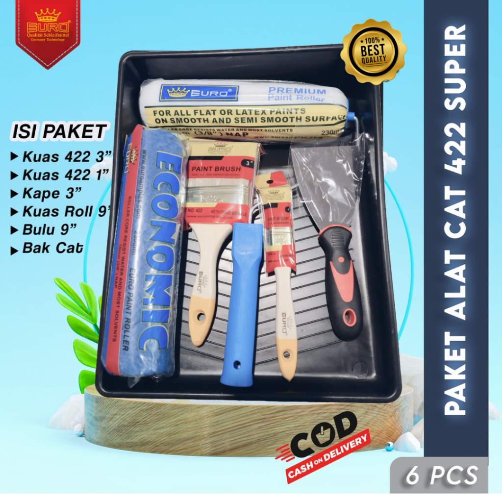 PAKET PREMIUM ALAT CAT 422 SUPER KUAS ROLL 9" + REFILL KUAS ROLL 9" + BAK CAT + KAPE KAYU 3" + KUAS