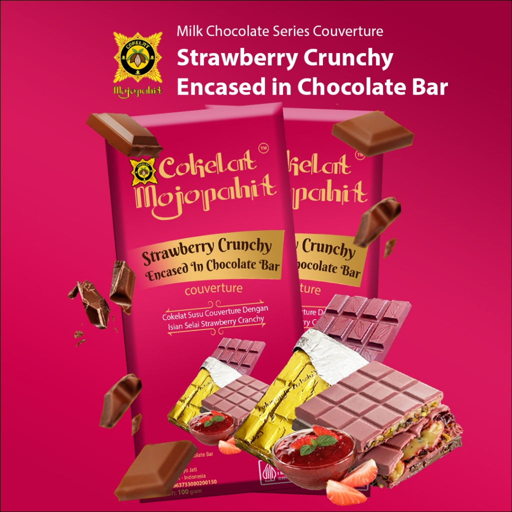

COKELAT MOJOPAHIT I STRAWBERRY CRUNCHY ENCASED IN CHOCOLATE BAR COUVERTURE I MILK CHOCOLATE SERIES 100 GR