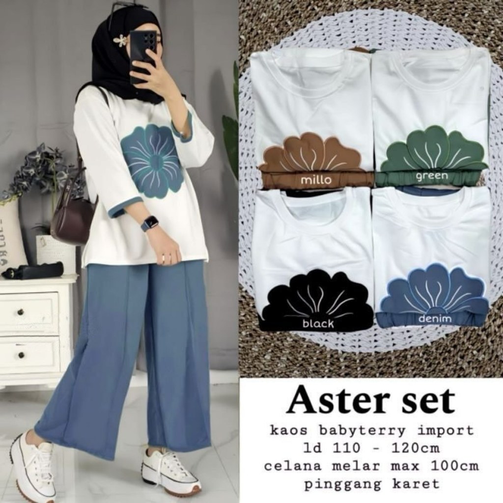 Aster One Set Baju Setelan Celana Motif Kekinian Kaos Babyterry Import Wanita Remaja Dewasa Simple J