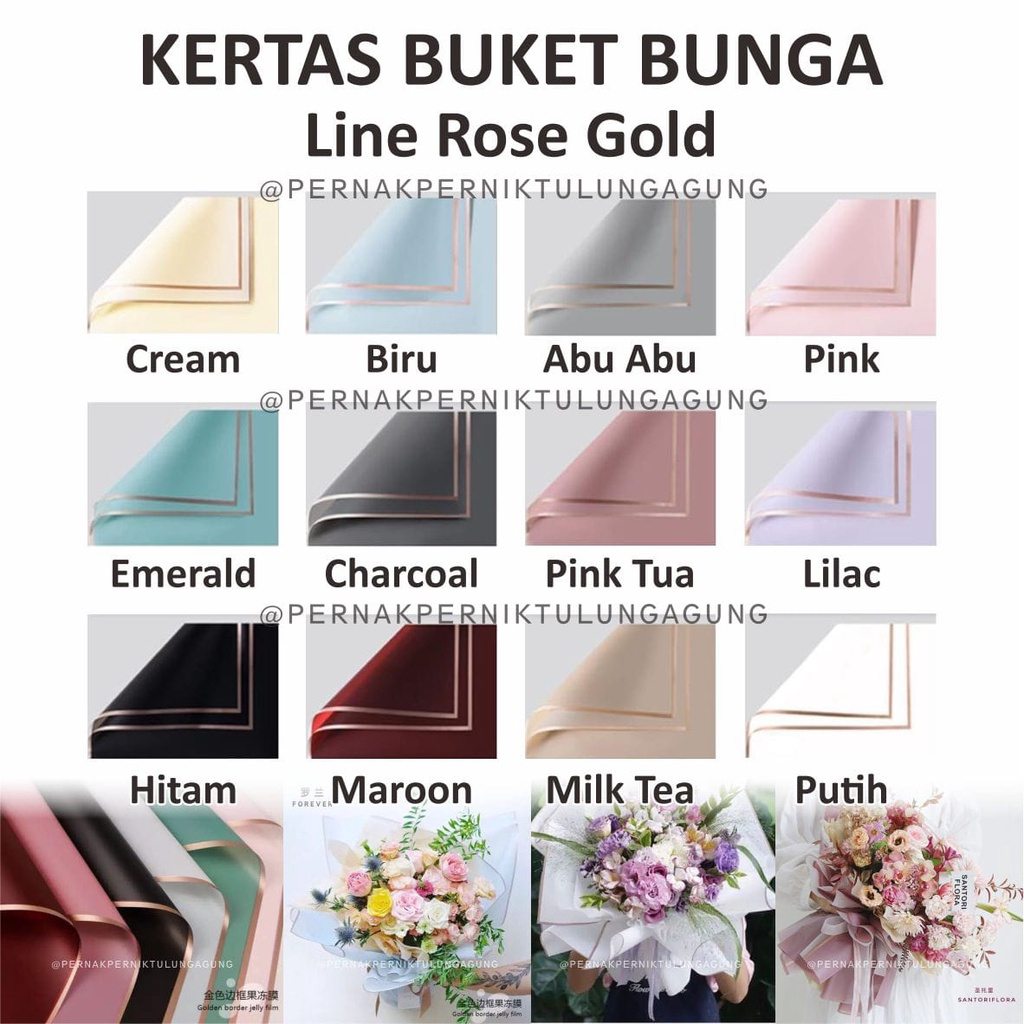 

Kertas Buket Line Gold / Plastik Cellophane Line Gold - Per 5 Lembar - Pink, Pink Tua, Hitam, Biru, Cream, Maroon, Milk Tea, Charcoal, Putih, Abu abu, Lilac, Hijau Emerald, Peach