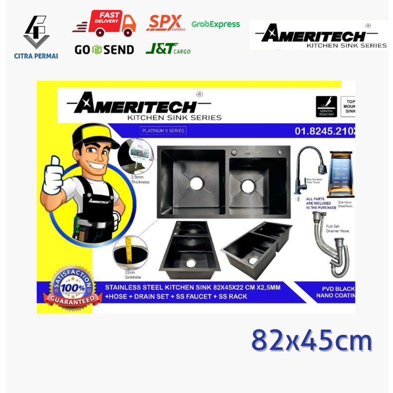 KITCHEN SINK BCP CUCI PIRING AMERITECH BLACK STAINLESS KOMPLIT 82x45cm