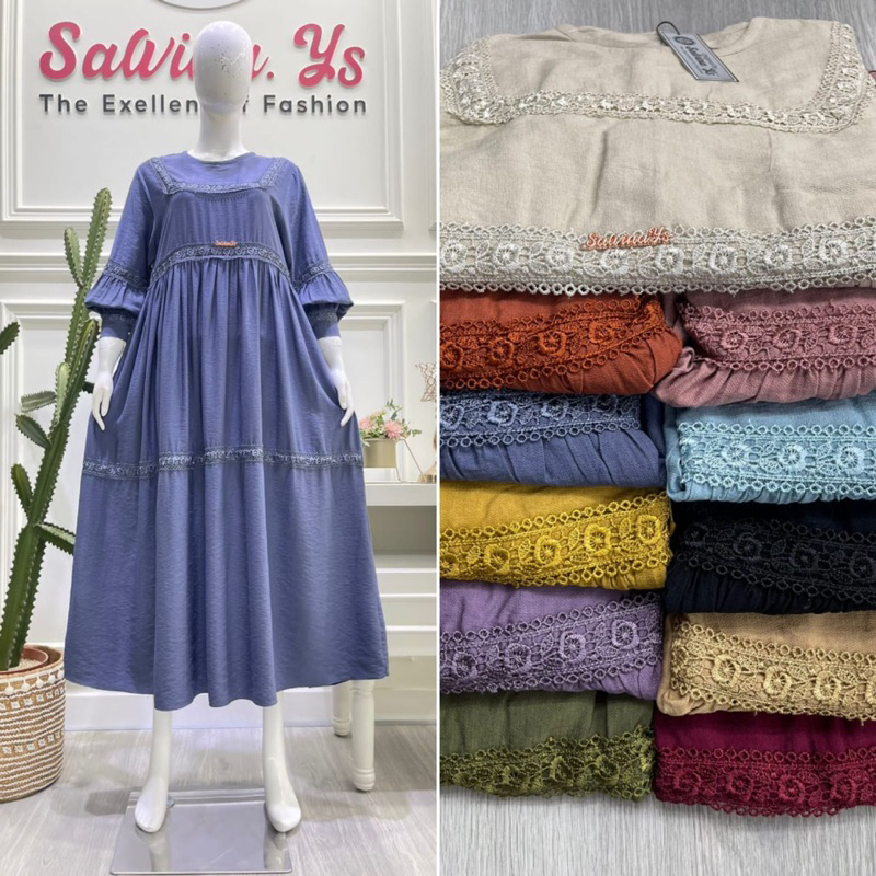 Midi salvina ys krinkle renda lengan balon HIRA