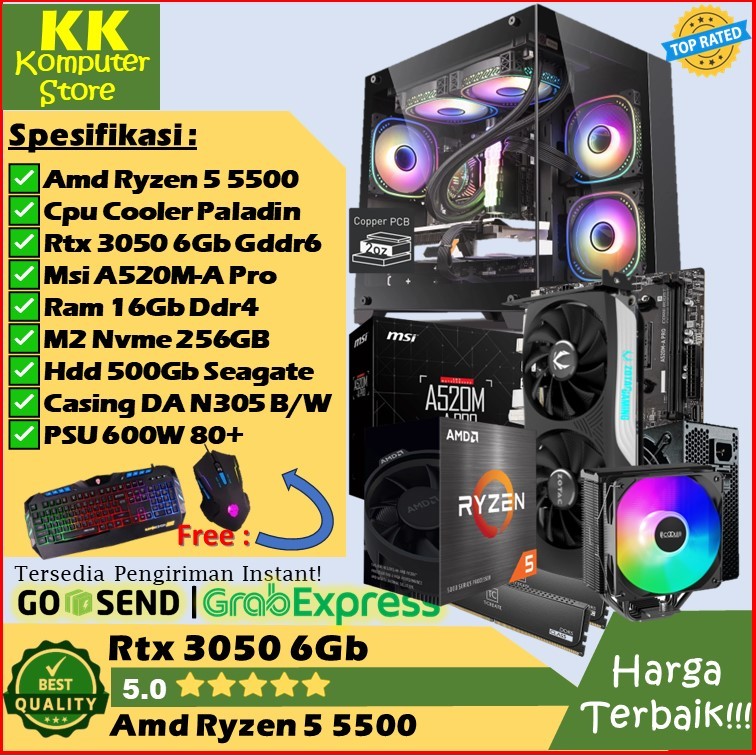 Pc Gaming Rtx 3050 6Gb | Amd Ryzen 5 5500 | Pc Rakitan Gaming Editing Design | Pc Streaming | Pc Des