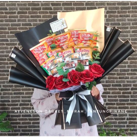 Buket Rokok Mix Kopi dan Bunga Mawar Kertas Warna Hitam
