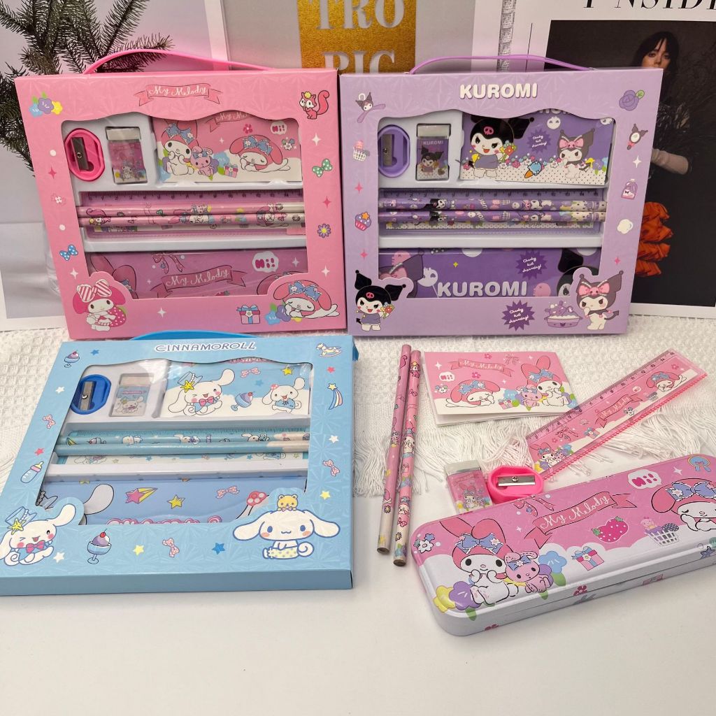 

Kotak Pensil Sanrio study set stationery pensil penggaris penghapus serutan mini notebook sanrio karakter pencil case 7 in 1 kuromi melody dkk