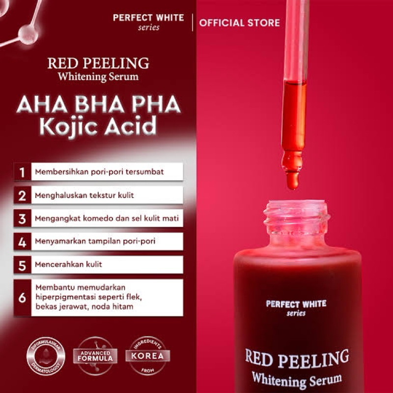 PERFECT WHITE Red Peeling Whitening Serum 50ml with AHA BHA PHA Kojic Acid for Face and Body | Eksfo