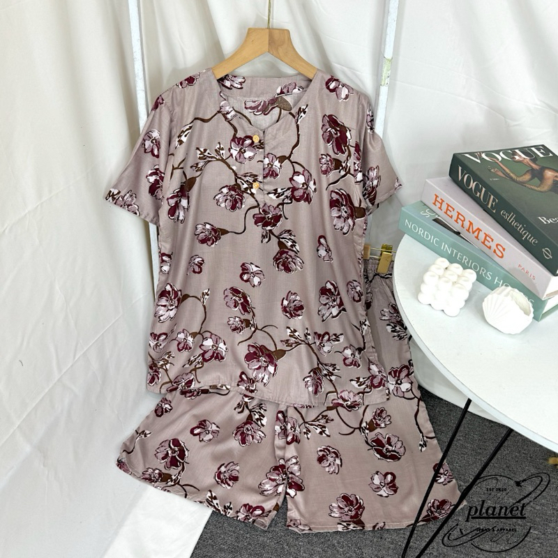 BAJU TIDUR PIYAMA WANITA SETELAN ONE WAN SET PIYAMA BABYDOLL CELANA PENDEK LENGAN PENDEK RAYON BUNGA