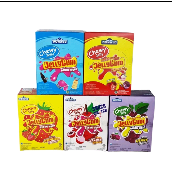 

donald chewy jelly gum box isi 24 pcs x 25gr grape lychee yogurt strawberry flavor