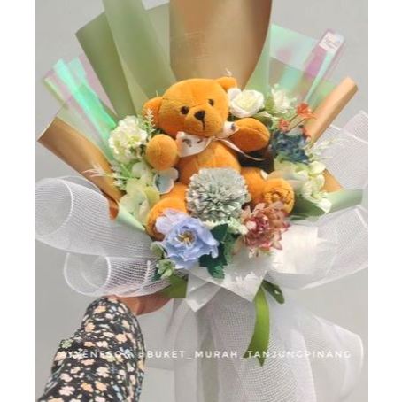 Buket Boneka Beruang Coklat dan Bunga Premium