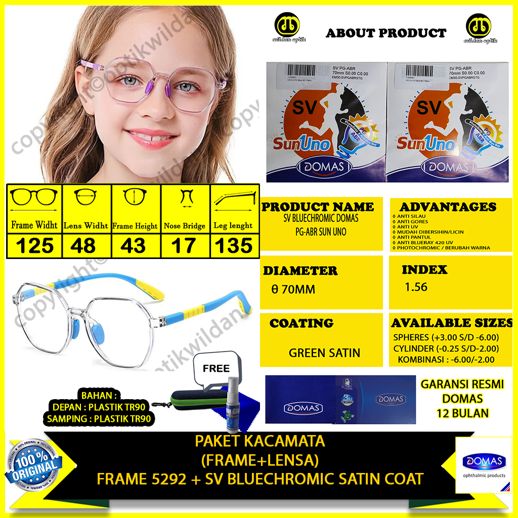 Paket Kacamata Bluechromic Sun Uno Domas Frame Anak 5292
