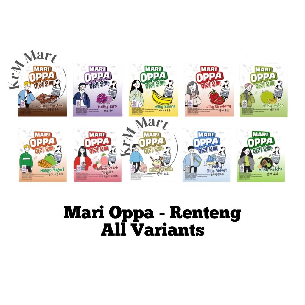 

Marioppa Mari Oppa 1 renceng renteng minuman susu ala korea All Varian Milky Chocolate Coklat Cokelat Dark Choco Taro Banana Pisang Strawberry Stroberi Melon Yogurt Leci Peach Vanila Vanilla Blue Velvet Matcha serbuk instan