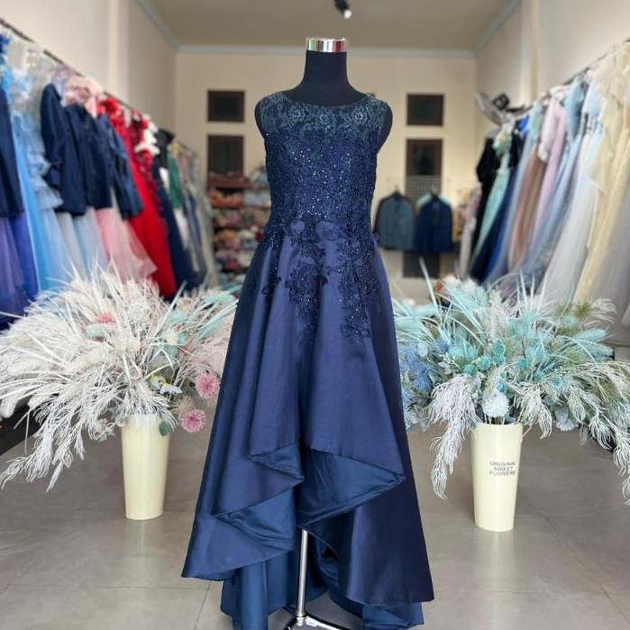 [FOR RENT] Gaun Pesta Biru Tua Full Payet Mewah/ Sleeveless Navy Party Dress Tebal Berkualitas NV-00