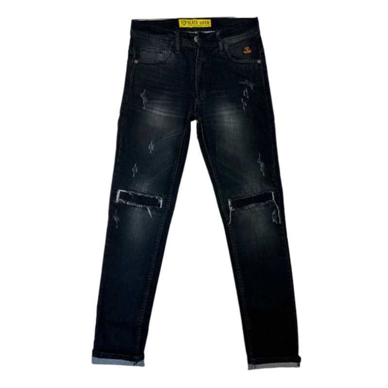 Celana jeans panjang pria RIPPED/SOBEK BLACK VIPER