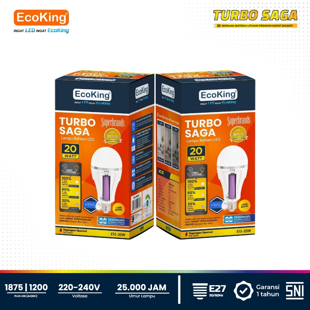 EcoKing Lampu Bohlam Led Rumah Turbo Saga EMERGENCY Tahan Lama 20W Cahaya Putih (DC 3 Level) BATAM