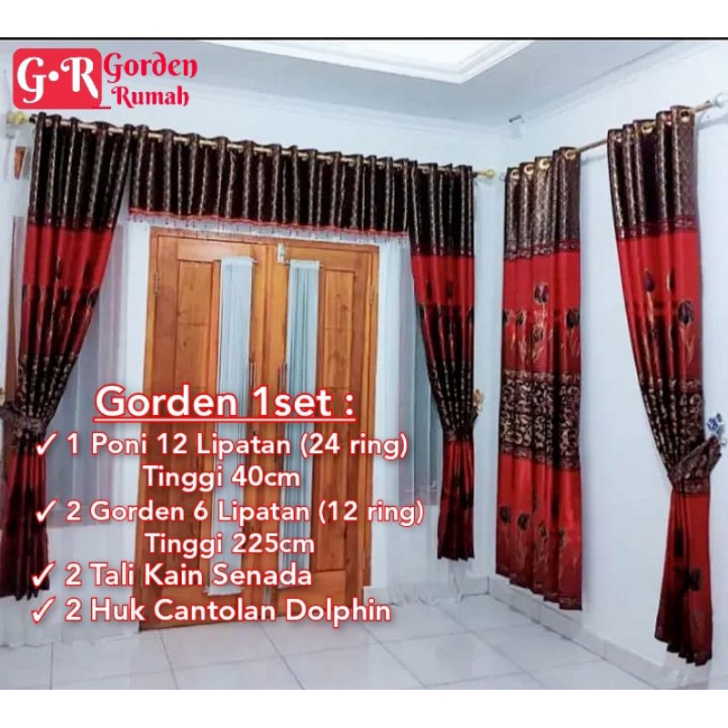Gorden Satu Set Ruang Utama Motif Bunga Tulip Bahan Blackout Import Model Semokering Coklat Merah Bi