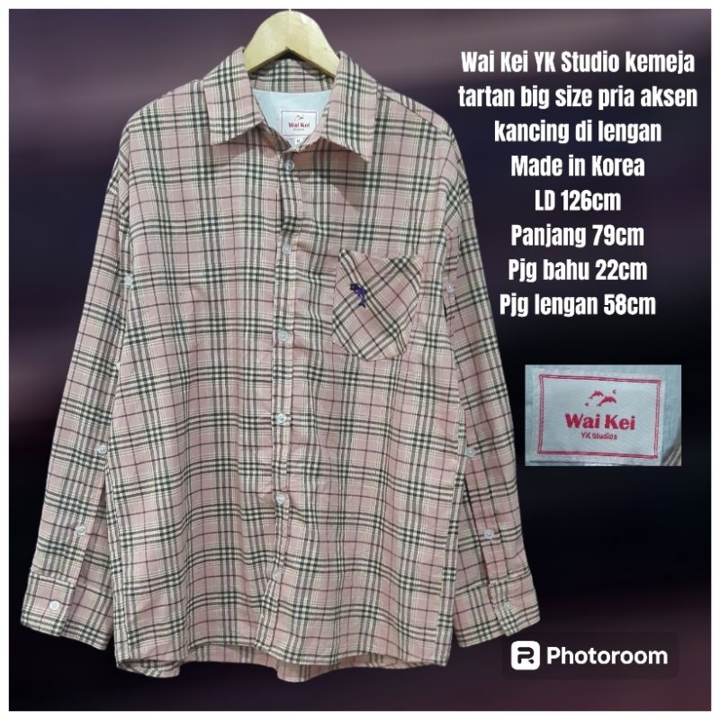 Wai Kei YK Studios kemeja tartan big size pria aksen kancing di lengan