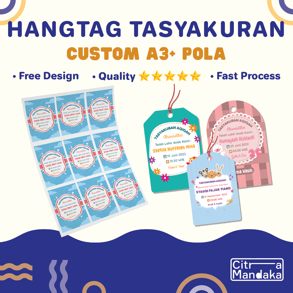 

Hang Tag Custom Pola A3 Souvenir Tasyakuran Aqiqah Kelahiran Bayi Free Design